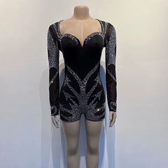 Black Rhinestone Festival Romper – Sparkle in Sheer Mesh & Show-Stopping Look