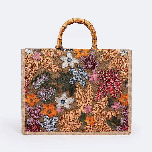 Bamboo Handle Floral Knit Sequin Tote Bag - Ra The Boutique