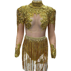 Baroque Shining Rhinestone Sequins Long Sleeve Festival Party Bodysuit - Ra The Boutique