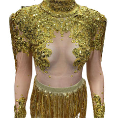Baroque Shining Rhinestone Sequins Long Sleeve Festival Party Bodysuit - Ra The Boutique