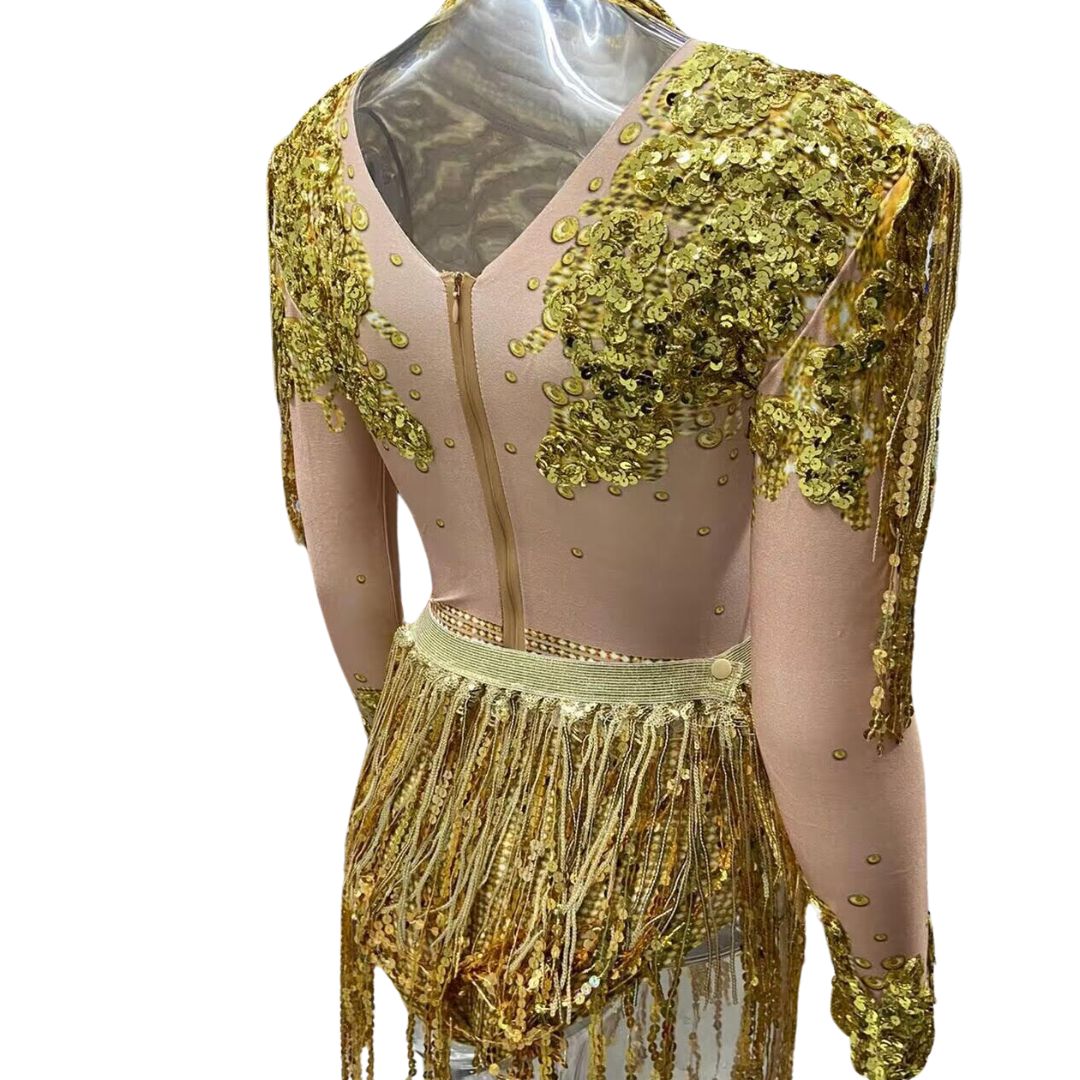 Baroque Shining Rhinestone Sequins Long Sleeve Festival Party Bodysuit - Ra The Boutique