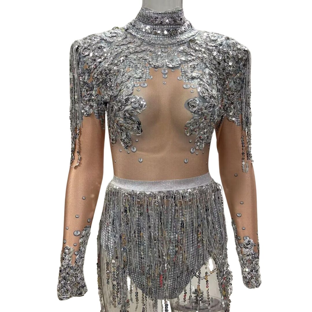 Baroque Shining Rhinestone Sequins Long Sleeve Festival Party Bodysuit - Ra The Boutique