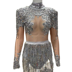 Baroque Shining Rhinestone Sequins Long Sleeve Festival Party Bodysuit - Ra The Boutique