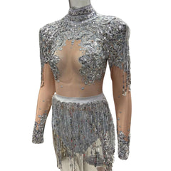 Baroque Shining Rhinestone Sequins Long Sleeve Festival Party Bodysuit - Ra The Boutique