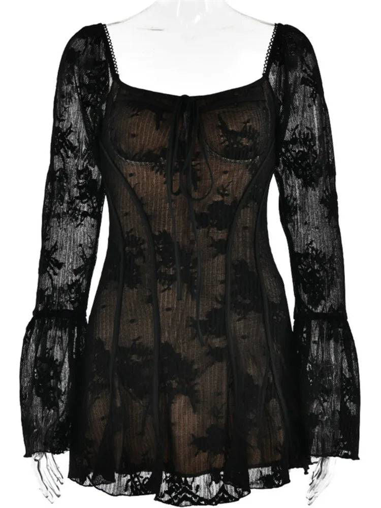 Black Lace Square Neck Trumpet Sleeve Mini Dress - Ra The Boutique