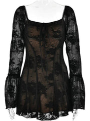 Black Lace Square Neck Trumpet Sleeve Mini Dress - Ra The Boutique