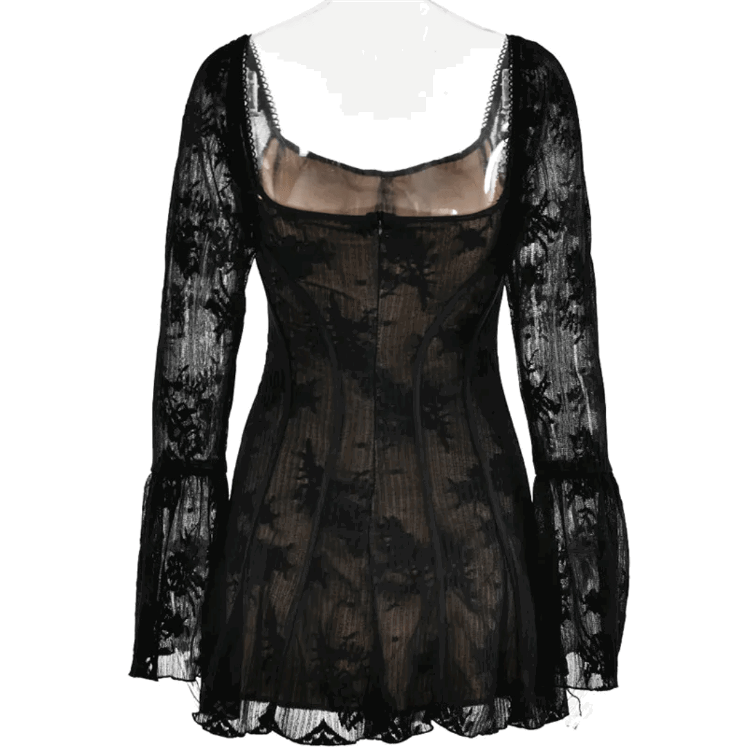 Black Lace Square Neck Trumpet Sleeve Mini Dress - Ra The Boutique