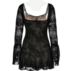 Black Lace Square Neck Trumpet Sleeve Mini Dress - Ra The Boutique