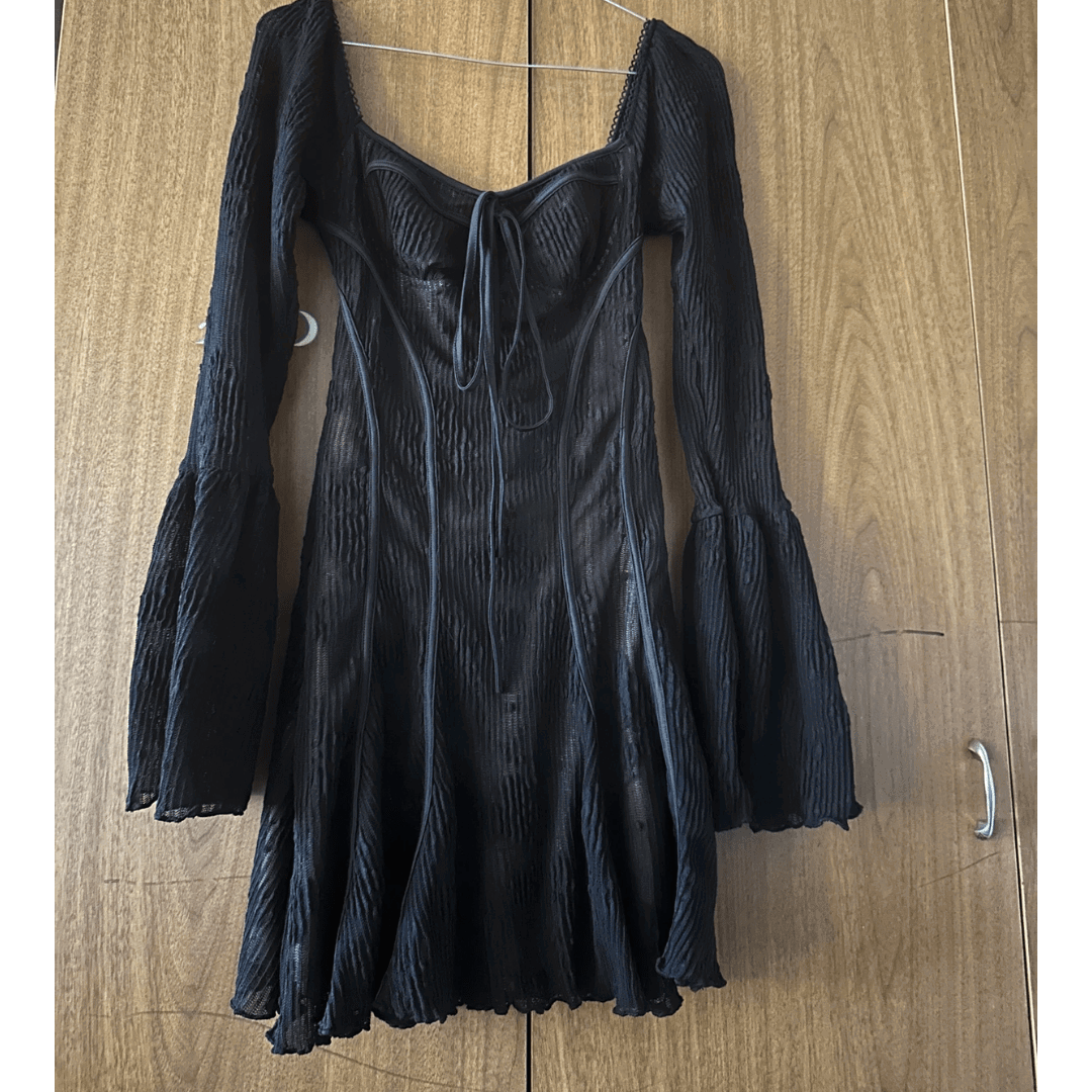 Black Lace Square Neck Trumpet Sleeve Mini Dress - Ra The Boutique