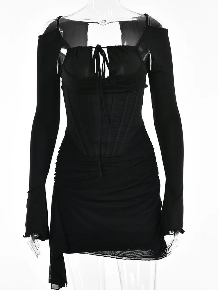 Black Mesh Sleeve Tie Up Mini Dress - Ra The Boutique