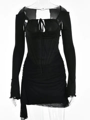 Black Mesh Sleeve Tie Up Mini Dress - Ra The Boutique