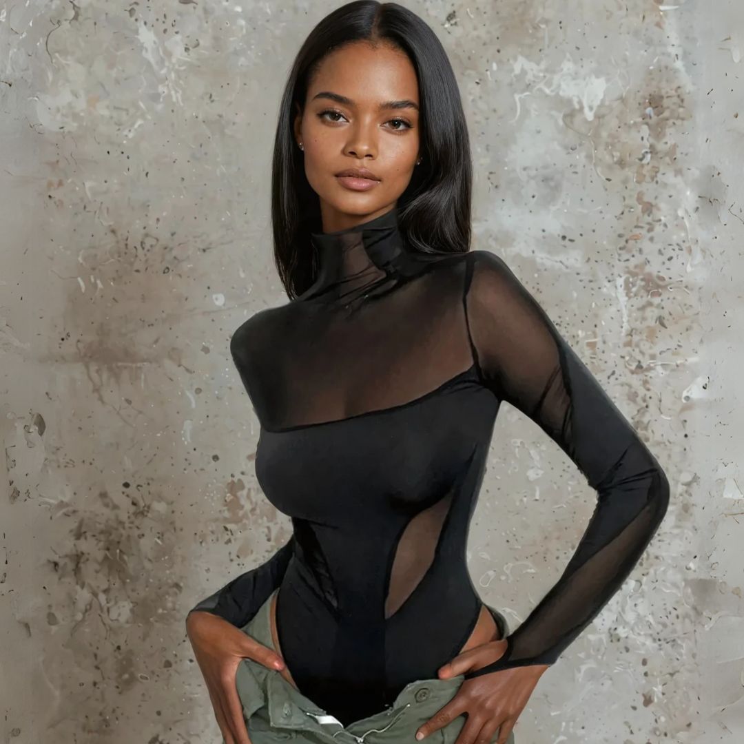 Black Mesh Turtleneck Bodysuit – Sexy Form-Fitting Design, Snap Closure & Thumb Straps - waiting on photos - Ra The Boutique - 