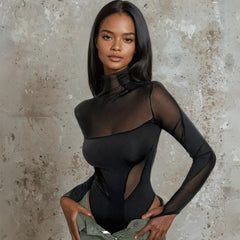 Black Mesh Turtleneck Bodysuit – Sexy Form-Fitting Design, Snap Closure & Thumb Straps - waiting on photos - Ra The Boutique - 