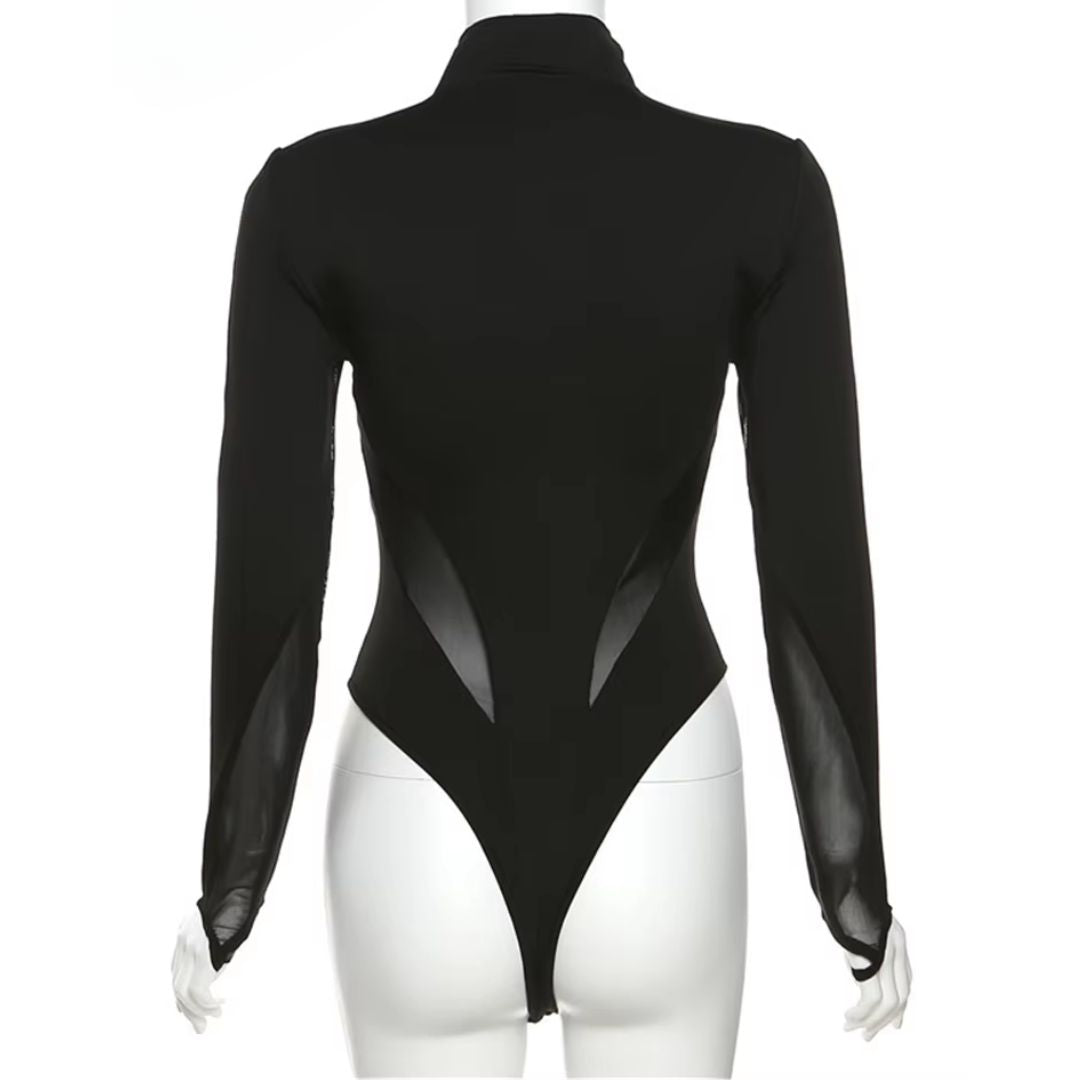 Black Mesh Turtleneck Bodysuit – Sexy Form-Fitting Design, Snap Closure & Thumb Straps - waiting on photos - Ra The Boutique - 