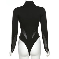 Black Mesh Turtleneck Bodysuit – Sexy Form-Fitting Design, Snap Closure & Thumb Straps - waiting on photos - Ra The Boutique - 