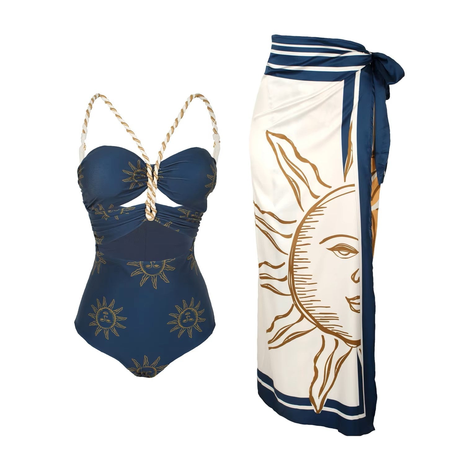 Blue Sexy Vintage Women's Swimwear Sun Printed Hollow Out One Piece Bikini with Long Skirt - Celestial Print Wrap Beach Maxi Skirt - Ra The Boutique - 