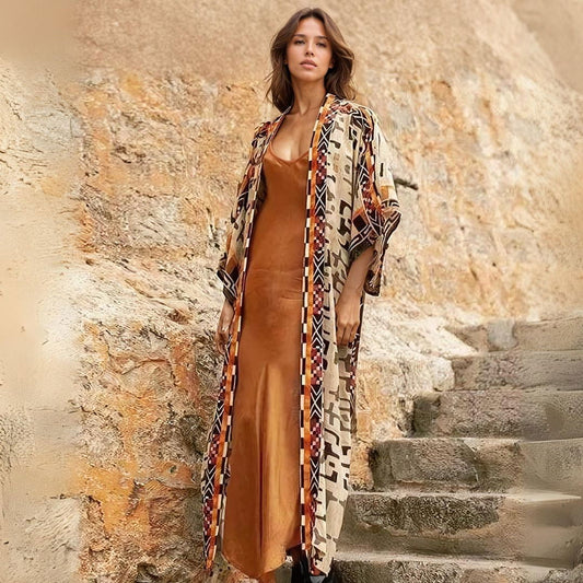 Boho Aztec Floor Length Kimono Style Beach Cover Up - Ra The Boutique