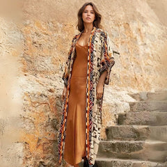 Boho Aztec Floor Length Kimono Style Beach Cover Up - Ra The Boutique