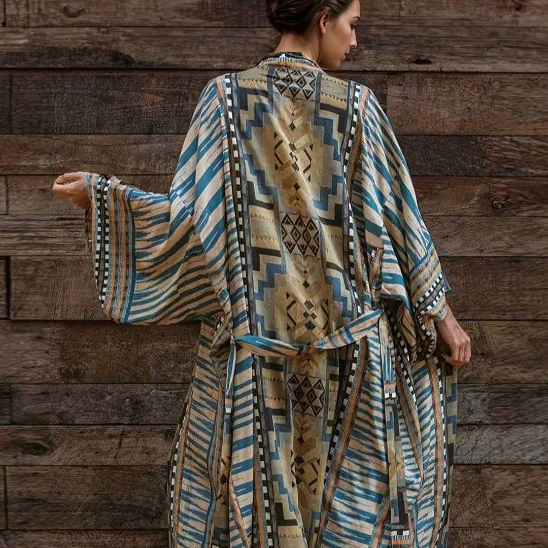 Boho Aztec Floor Length Kimono Style Beach Cover Up - Ra The Boutique