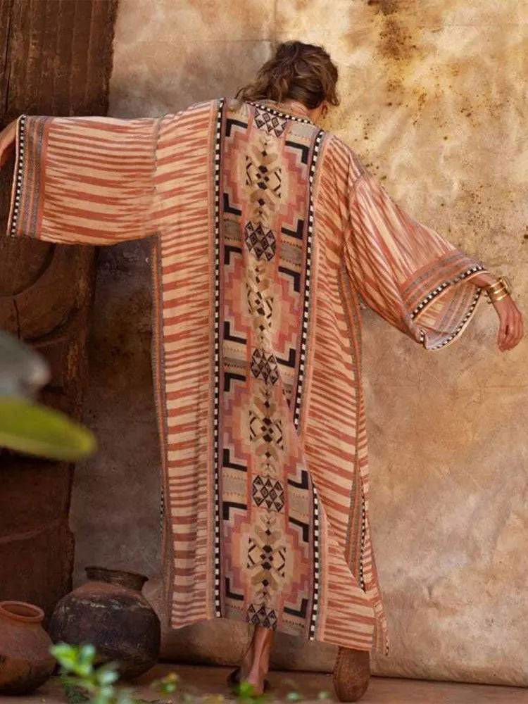 Boho Aztec Floor Length Kimono Style Beach Cover Up - Ra The Boutique