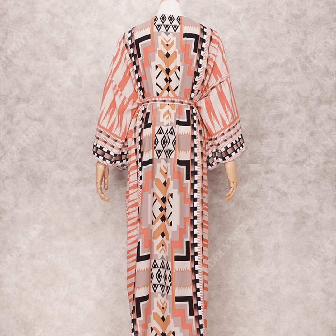 Boho Aztec Floor Length Kimono Style Beach Cover Up - Ra The Boutique