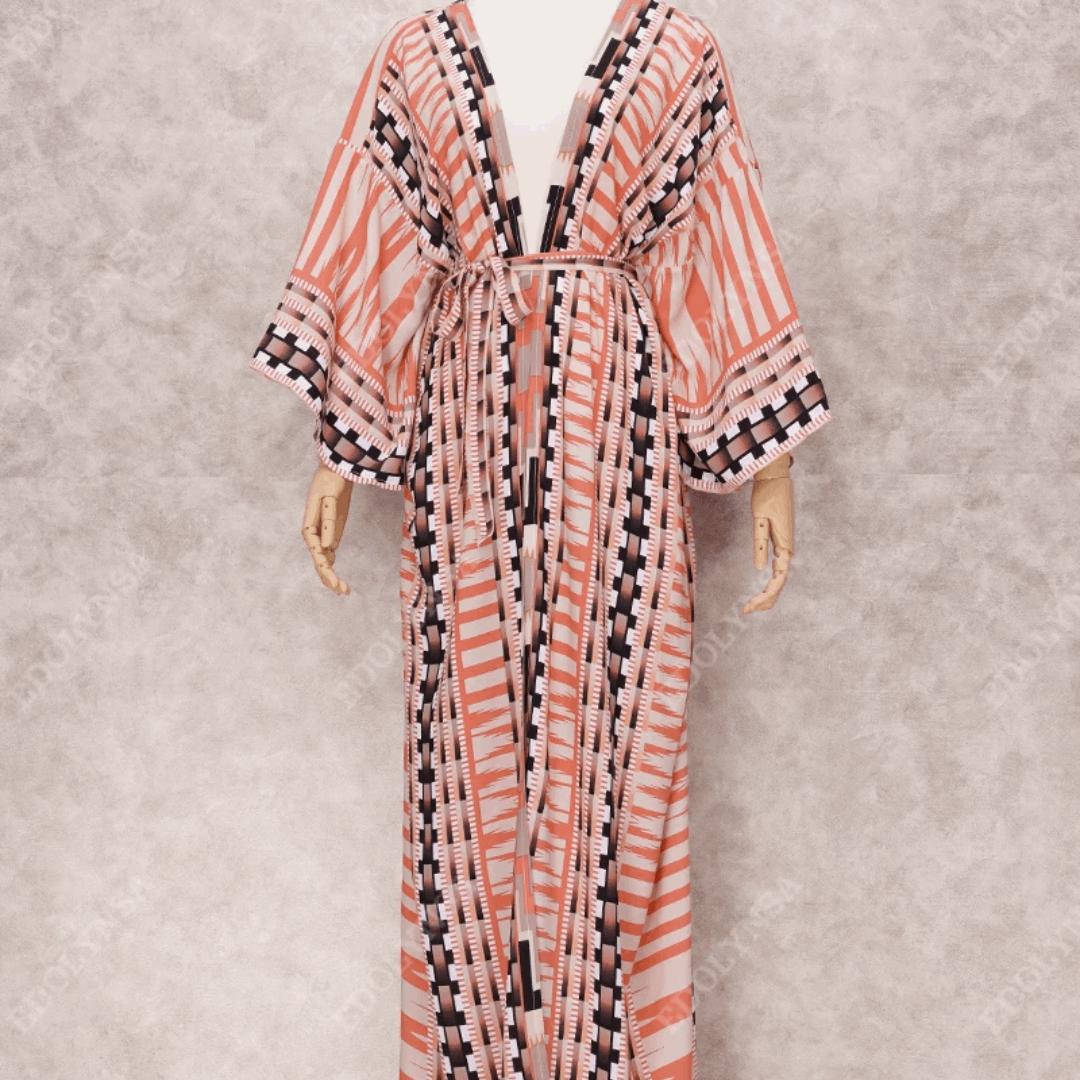 Boho Aztec Floor Length Kimono Style Beach Cover Up - Ra The Boutique
