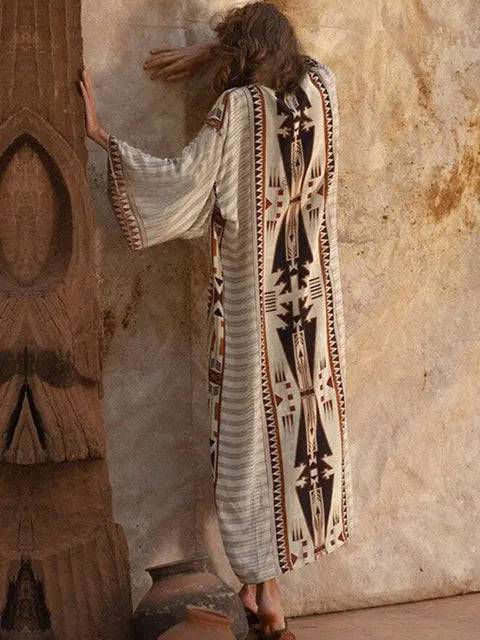 Boho Aztec Floor Length Kimono Style Beach Cover Up - Ra The Boutique