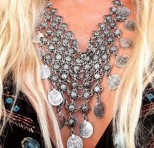 Boho Style Vintage Chain and Coin Statement Necklace - Ra The Boutique