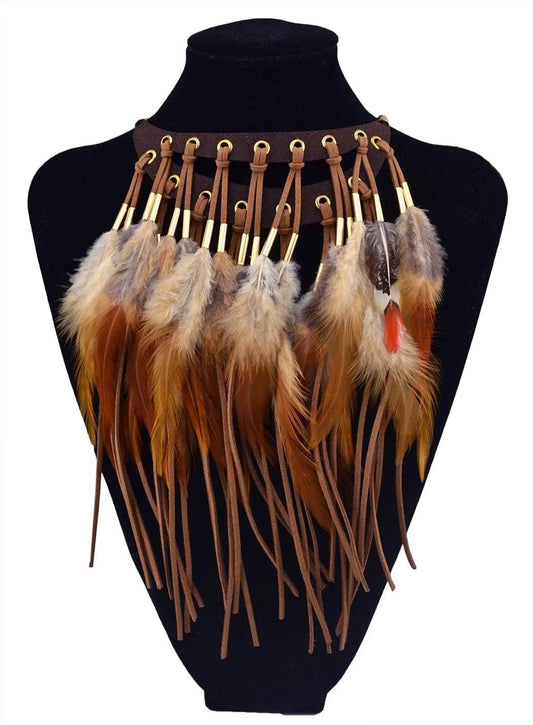Boho Vegan Leather Suede Feather Tassel Choker Necklace - Ra The Boutique