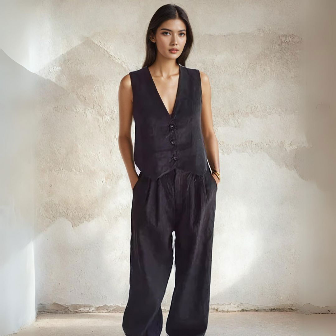 Button Down Sleeveless Vest and Tailored Pant Set - Ra The Boutique - Pants