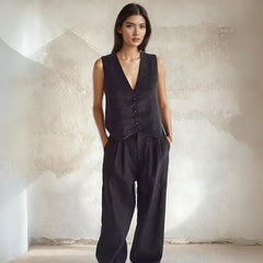 Button Down Sleeveless Vest and Tailored Pant Set - Ra The Boutique - Pants