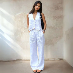 Button Down Sleeveless Vest and Tailored Pant Set - Ra The Boutique - 
