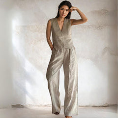 Button Down Sleeveless Vest and Tailored Pant Set - Ra The Boutique - 