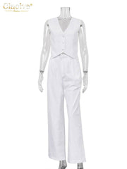 Button Down Sleeveless Vest and Tailored Pant Set - Ra The Boutique - 