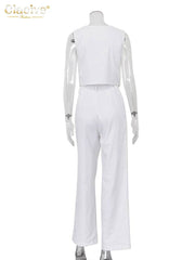 Button Down Sleeveless Vest and Tailored Pant Set - Ra The Boutique - 