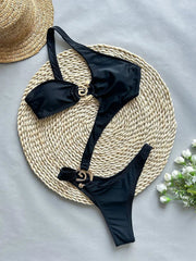 Chic Asymmetrical Cut Out One Piece Swimsuit with Golden Hardware - Ra The Boutique