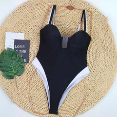 Contrast Color Block High Cut One Piece Swimsuit - ready for review - Ra The Boutique - 