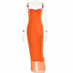 Contrast Lace Cup Spaghetti Strap Bodycon Midi Dress - Ra The Boutique