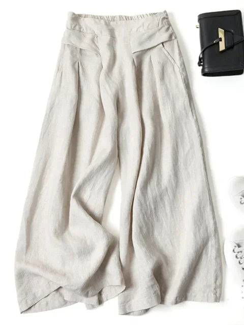 Cotton-Linen Wide Leg Pants with Pockets and Relaxed Fit - Ra The Boutique