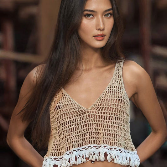 Cotton Crochet Cowrie Shell Crop Tank Top - Ra The Boutique