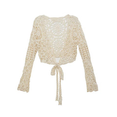 Cotton Crochet Long Sleeve Tie Front Top - Ra The Boutique