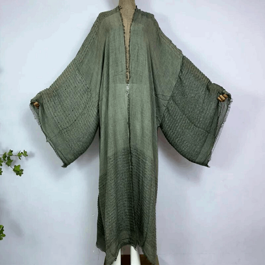 Cotton Raw Hem Semi Sheer Kimono Style Beach Cover Up - Ra The Boutique