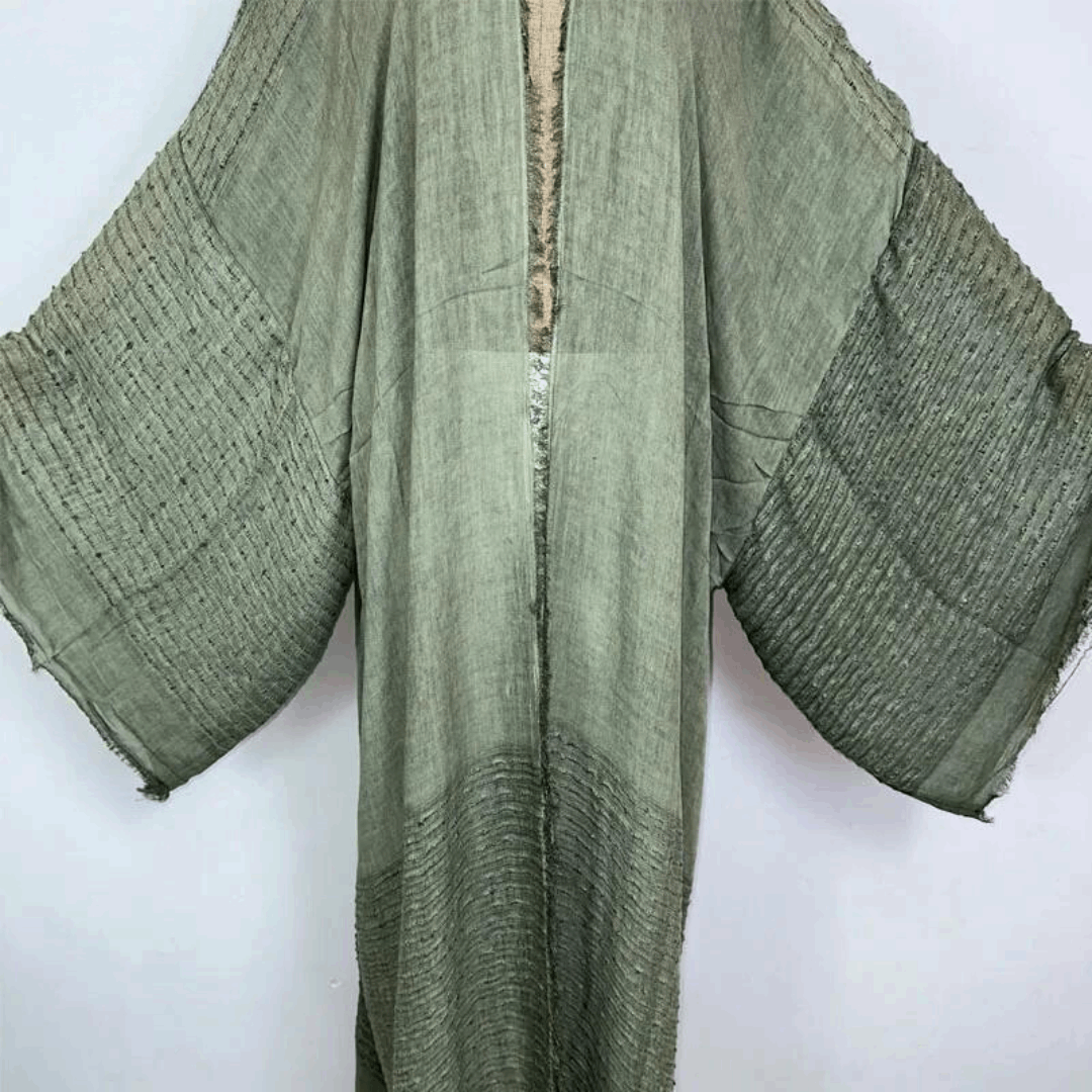Cotton Raw Hem Semi Sheer Kimono Style Beach Cover Up - Ra The Boutique