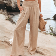 Cotton Wide Leg Elastic Waist Trousers - Ra The Boutique