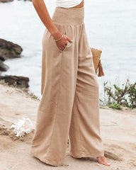 Cotton Wide Leg Elastic Waist Trousers - Ra The Boutique