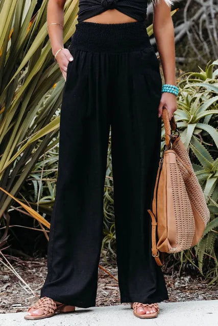 Cotton Wide Leg Elastic Waist Trousers - Ra The Boutique