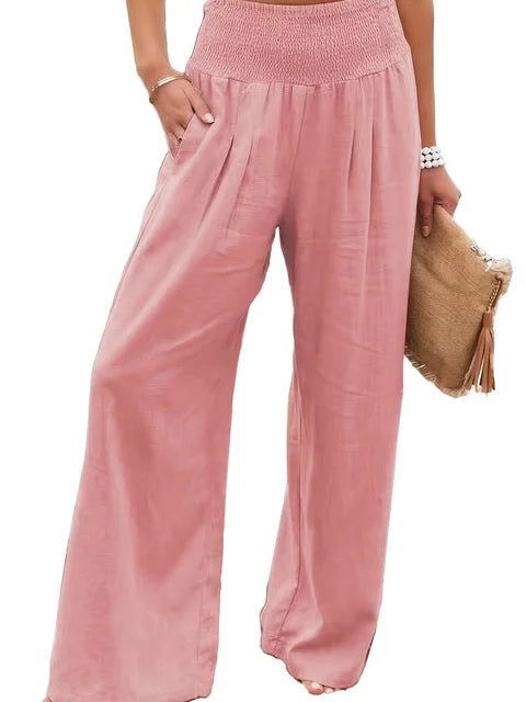 Cotton Wide Leg Elastic Waist Trousers - Ra The Boutique