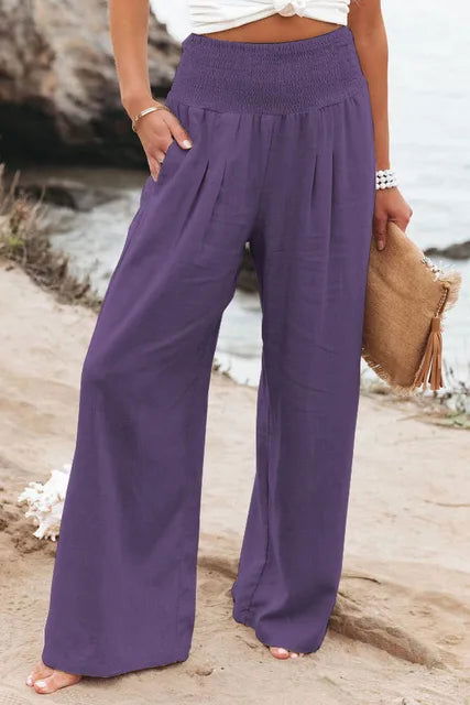 Cotton Wide Leg Elastic Waist Trousers - Ra The Boutique