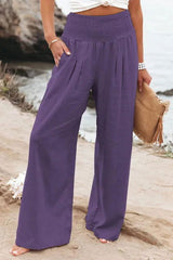 Cotton Wide Leg Elastic Waist Trousers - Ra The Boutique