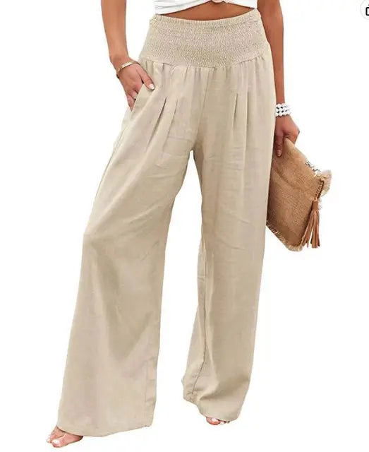 Cotton Wide Leg Elastic Waist Trousers - Ra The Boutique